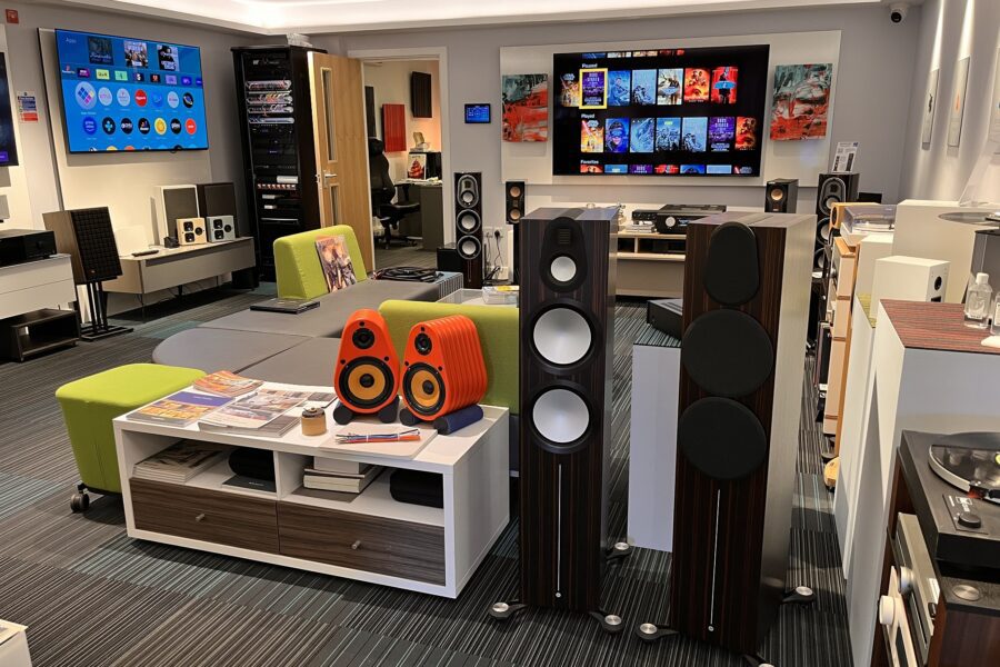 The SMC Hi-Fi listening room in Shrewsbury with comfortable seating, Monitor Audio and rosewood floorstanding loudspeakers and standmount speakers
