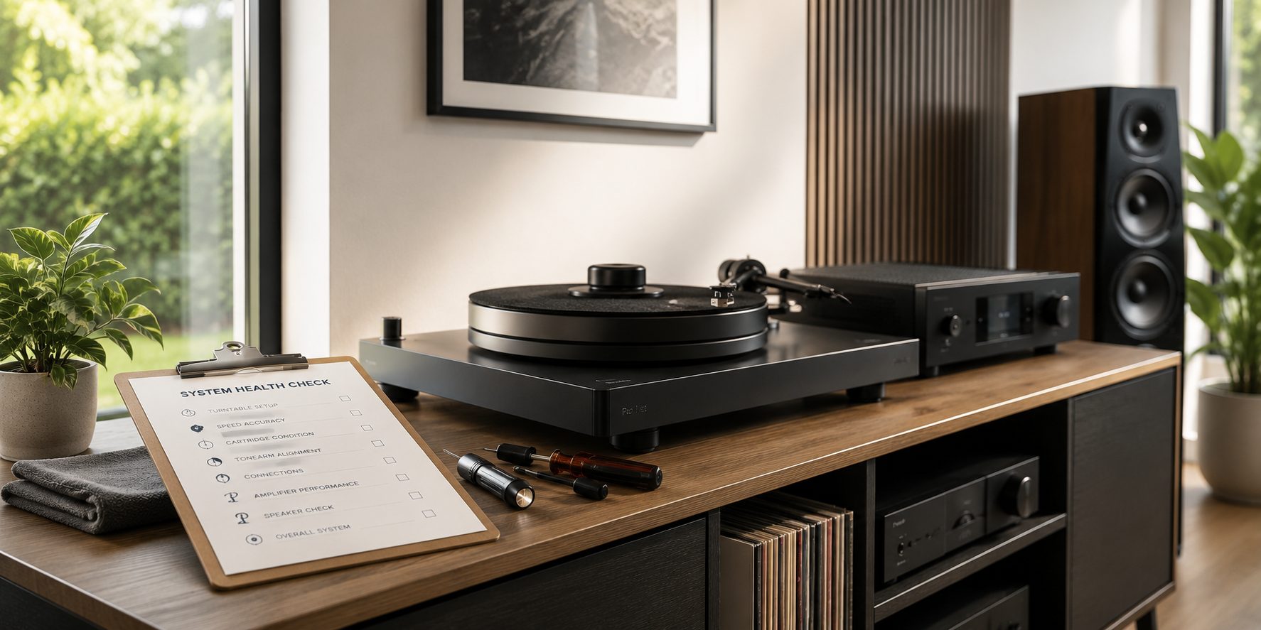 Turntable and amplifier next to a system health check clipboard Turntable and amplifier next to a system health check clipboard