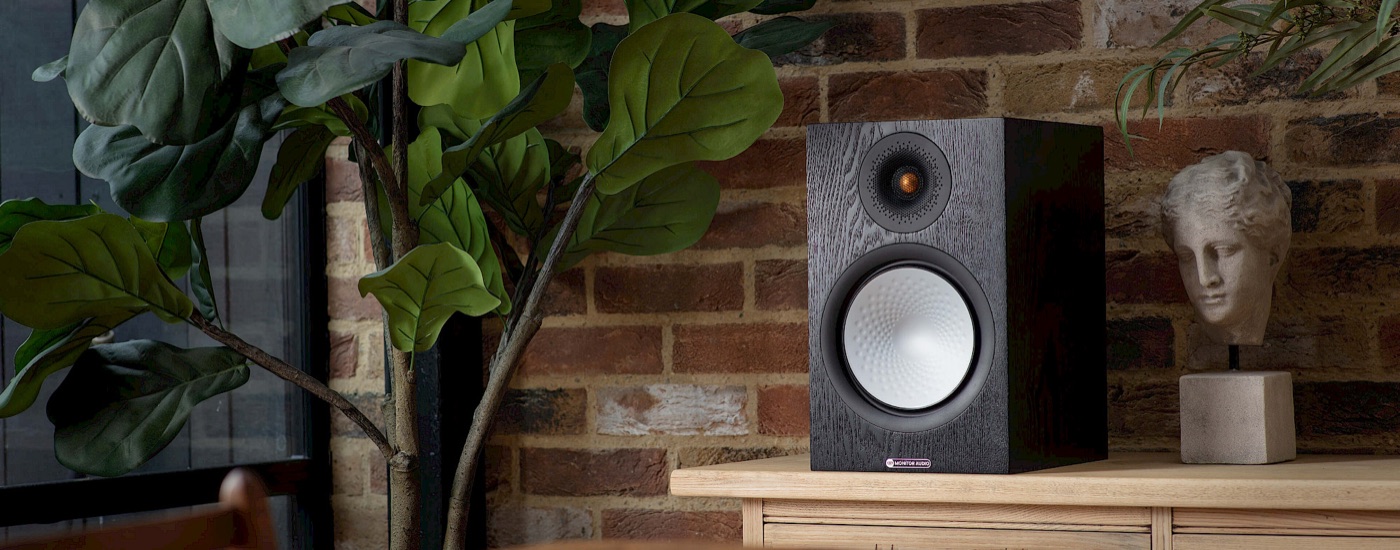 Monitor Audio Silver 100 loudspeaker on a sideboard in a living room