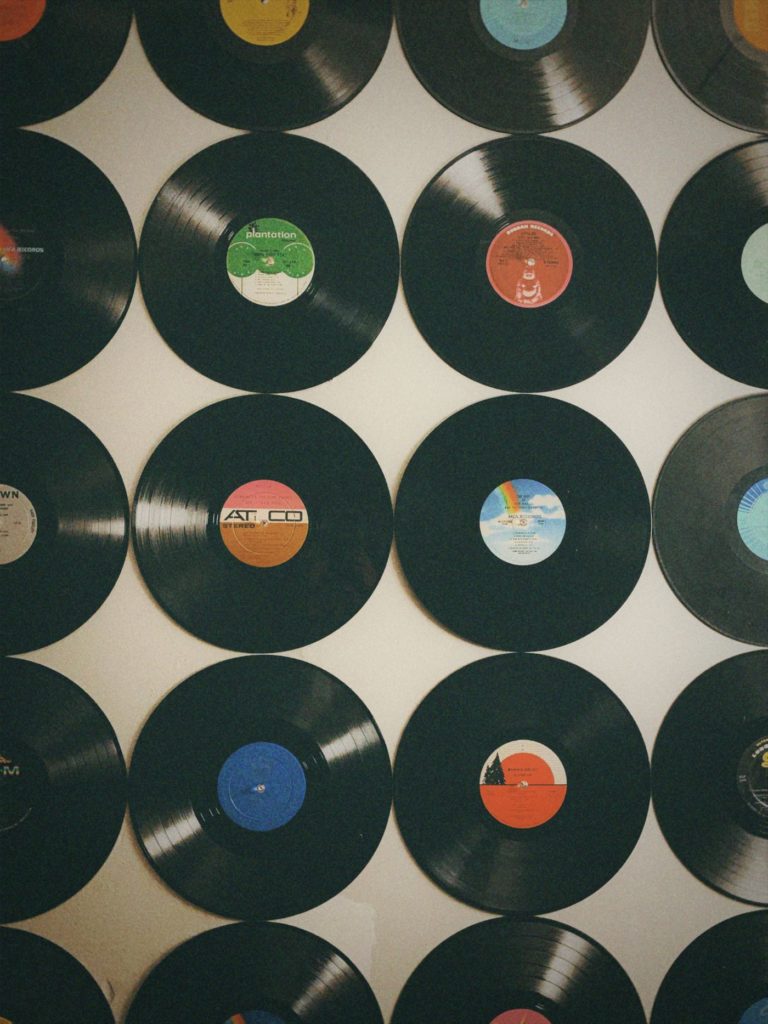 A wall covered in vinyl records A wall covered in vinyl records
