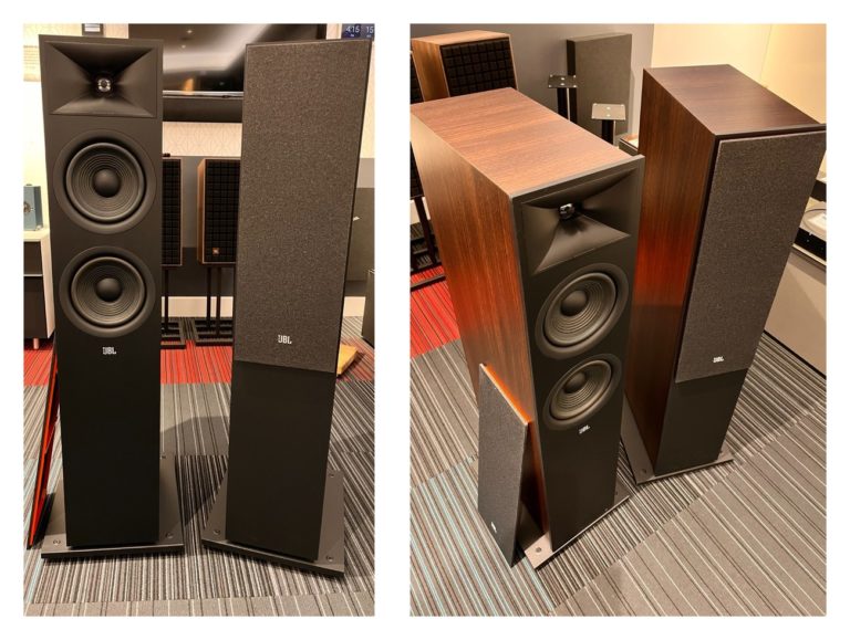 Pair of JBL Stage 260F floorstanders in espresso wood finish: front view with one grille off, and an angled view showing the wood-effect cabinet